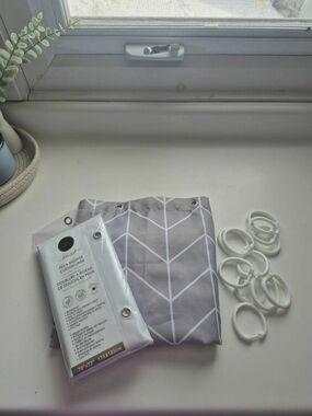 Gray Geometric Shower Curtain with White Rings